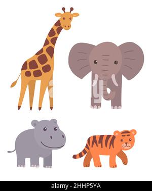 Insieme di animali selvatici su sfondo bianco. Elefante, giraffa, tigre e ippopotamo. Zoo mammifero. Illustrazione di cartoni animati isolati vettoriali per bambini Illustrazione Vettoriale