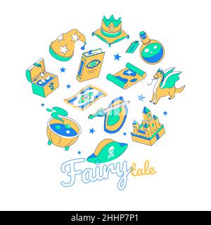 Fiaba - moderna bandiera isometrica colorata con testo. Tratto modificabile. regno magico con drago, cavaliere, cassa del tesoro, pozione in calderone, beaute Illustrazione Vettoriale