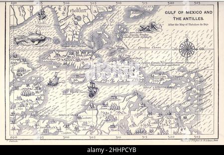 Golfo del Messico e le Antille dopo la mappa di Theodore de Bry dall'esplorazione del mondo, viaggi celebrati e viaggiatori, viaggi celebrati da Jules Verne nonfiction. Pubblicato in tre volumi dal 1878 al 1880, i viaggi celebrati e viaggiatori è una storia degli esploratori e avventurieri che viaggiarono fino alle lontane aree del globo, scoprirono le meraviglie di terre esotiche e riempirono gli spazi vuoti sulla mappa del mondo. Con illustrazioni di L. Benet e P. Philippoteaux, Foto Stock