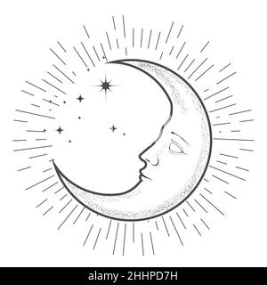 Mezzaluna mistica, nuova luna con volto, simbolo astrologico di spirituale ed esoterico, vettore Illustrazione Vettoriale