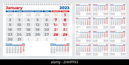 Calendario 2023. La settimana inizia il lunedì. Set di 12 mesi. Illustrazione vettoriale Illustrazione Vettoriale