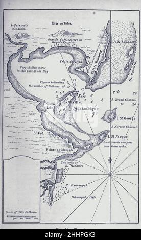 Mappa del Mozambico, Africa dall'esplorazione del mondo, Viaggi celebrati e viaggiatori, Viaggi celebrati da Jules Verne nonfiction. Pubblicato in tre volumi dal 1878 al 1880, i viaggi celebrati e viaggiatori è una storia degli esploratori e avventurieri che viaggiarono fino alle lontane aree del globo, scoprirono le meraviglie di terre esotiche e riempirono gli spazi vuoti sulla mappa del mondo. Con illustrazioni di L. Benet e P. Philippoteaux, Foto Stock