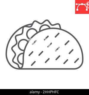 Icona linea Taco, cibo spazzatura e fast food messicano, icona vettore taco, grafica vettoriale, segno contorno tratto modificabile, eps 10. Illustrazione Vettoriale