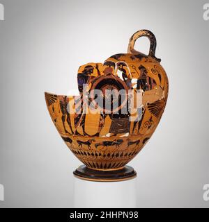 Frammenti di terracotta di un collo-anfora (vaso) ca. 540 a.C. attribuito al Princeton Painter Obverse, assemblea di godsReverse, guerrieri e donne. Frammenti di terracotta di un collo-anfora (vaso) 255976 Foto Stock