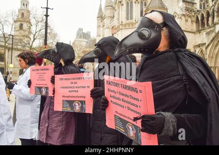 Londra, Regno Unito. 25th Jan 2022. Gli attivisti che indossano i costumi tengono cartelli anti-fattorie durante la protesta.gli attivisti per i diritti degli animali si sono riuniti al di fuori delle corti reali di giustizia per protestare contro l'agricoltura di fabbrica, come il gruppo di allevamento di scarti ha lanciato la sua sfida legale contro il Dipartimento per l'ambiente, Food and Rural Affairs (DEFRA) per non aver preso adeguate precauzioni contro i rischi pandemici noti dell'agricoltura di fabbrica. Credit: SOPA Images Limited/Alamy Live News Foto Stock