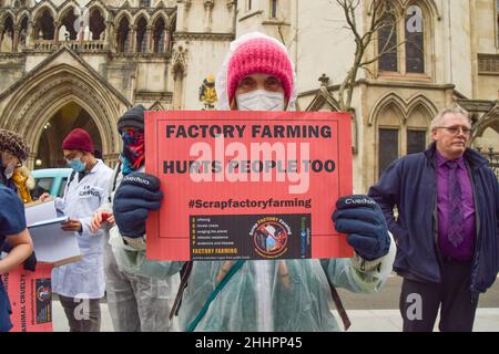 Londra, Regno Unito. 25th Jan 2022. Un attivista che indossa una tuta nocciola tiene un cartello anti-fattorie durante la protesta.gli attivisti per i diritti degli animali si sono riuniti al di fuori delle corti reali di giustizia per protestare contro l'agricoltura di fabbrica, come il gruppo di allevamento di fabbrica di scarto ha lanciato la sua sfida legale contro il Dipartimento per l'ambiente, Food and Rural Affairs (DEFRA) per non aver preso adeguate precauzioni contro i rischi pandemici noti dell'agricoltura di fabbrica. (Foto di Vuk Valcic/SOPA Images/Sipa USA) Credit: Sipa USA/Alamy Live News Foto Stock