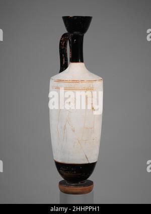 Lekythos di terracotta (fiasca d'olio) ca. 440 a.C. Greco, Attico giovane e donna ad una tombIl colore fuggitivo degli indumenti delle figure risulta nel fatto che oggi vediamo solo la sottosfigura. Lekythos di terracotta (fiasca d'olio). Greco, Attico. Ca. 440 A.C. Terracotta; macinata bianca. Classico. Vasi Foto Stock