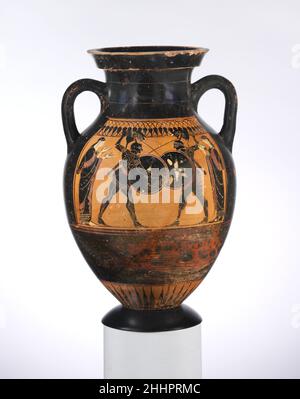 Anfora di terracotta ca. 530–520 a.C. Greco, Obversetto Attico, quadriga (carro a quattro cavalli) e sei menReverse, duello di guerrieri tra due donne gli antagonisti sul rovescio possono essere Achille e Memnon. Anfora di terracotta (vaso) 251100 Greco, Attico, anfora di terracotta (vaso), ca. 530?520 a.C., Terracotta, 15 5/16in. (38,9cm). Il Metropolitan Museum of Art, New York. Rogers Fund, 1921 (21.88.76) Foto Stock