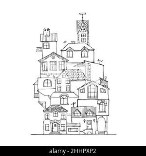 Casa Doodle disegnata a mano in bianco e nero. Case d'inchiostro dei cartoni animati scandinavi. Illustrazione vettoriale. Illustrazione Vettoriale