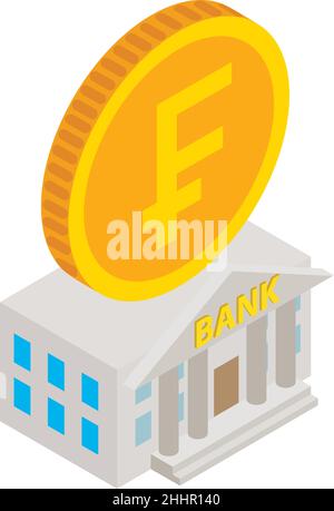 Icona della banca svizzera vettore isometrico. Edificio bancario svizzero e una moneta d'oro franco. Simbolo di affidabilità, istituto finanziario Illustrazione Vettoriale