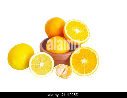 Natura morta, arance, limoni e tangerini su sfondo bianco Foto Stock