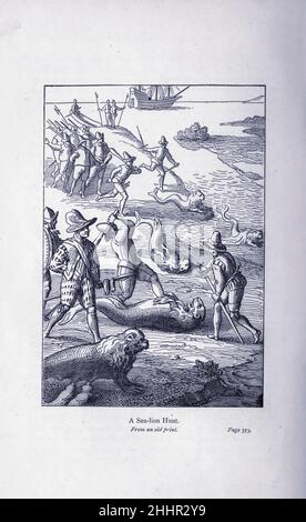 Una caccia al leone marino dall'esplorazione del mondo, viaggi celebrati e viaggiatori, viaggi celebrati da Jules Verne nonfiction. Pubblicato in tre volumi dal 1878 al 1880, i viaggi celebrati e viaggiatori è una storia degli esploratori e avventurieri che viaggiarono fino alle lontane aree del globo, scoprirono le meraviglie di terre esotiche e riempirono gli spazi vuoti sulla mappa del mondo. Con illustrazioni di L. Benet e P. Philippoteaux, Foto Stock