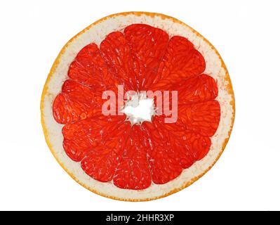fetta di pompelmo rosso isolato su sfondo bianco, primo piano di succosa polpa di agrumi rossi Foto Stock