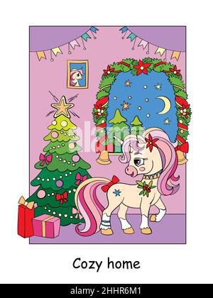 Simpatico e divertente unicorno in una casa accogliente con un albero di Natale. Illustrazione di un cartoon vettoriale. Per biglietti, stampe, disegni, adesivi, decorazioni, abbigliamento per bambini, puz Illustrazione Vettoriale