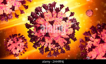 Virus, dettaglio visto al microscopio, mutazioni e varianti del coronavirus, sars-cov-2. Ingrandimento. Covid-19 Foto Stock