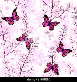 fioriture di sakura del ramoscello. Illustrazione vettoriale. Silhouette rosa. Ripetizione senza giunture Illustrazione Vettoriale