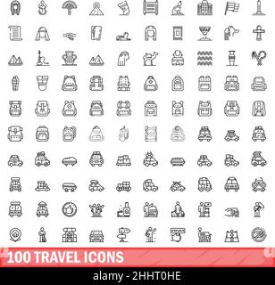 100 icone di viaggio impostate. Illustrazione di 100 icone di viaggio insieme vettoriale isolato su sfondo bianco Illustrazione Vettoriale