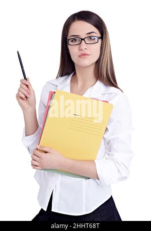 business donna ufficio documenti sorridenti Foto Stock