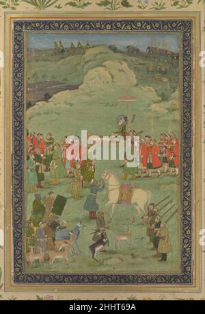 L'imperatore Aurangzeb portò su un palanquin ca. 1705–20 Pittura di Bhavanidas l'imperatore Aurangzeb (r. 1656–1707) e la sua festa reale di caccia sono qui mostrate in una delle grandi immagini imperiali finali dell'era Mughal. I preparativi per l'inseguimento sono in corso, come evidente dalla fila di cacciatori in primo piano e altri che conducono cervi come esca o portano schermi frondosi per camouflage. Bhavanidas, pittore di questa scena, lavorò prima alla corte di Mughal e poi si trasferì alla corte di Rajput di Kishangarh, dove divenne il suo artista preminente. L'imperatore Aurangzeb portò su un palanquin Foto Stock