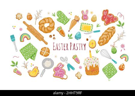 Set di elementi di pasticceria pasquale, supporto tradizionale su primavera Holiday.Vector piatto Illustrazione Vettoriale