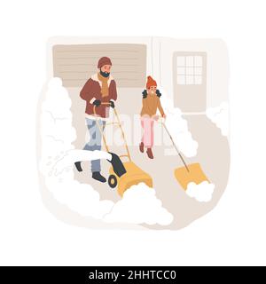 Rimozione della neve del vialetto illustrazione del vettore cartoon isolato. Routine di rimozione neve invernale, padre che lavora con spazzaneve all'aperto, famiglia membro pulizia strada da neve cartone animato vettore. Illustrazione Vettoriale