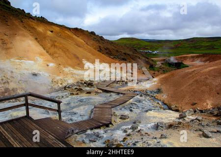 Mudpools nella zona geotermica di Krýsuvík, Reykjanes, Islanda Foto Stock