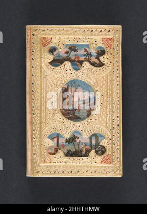 Calendrier belgique, curieux et utille contenant les evenemens historiques sur les jours de l'an, et les travaux à faire dans les jardins en chaque mois de l'année, la description des tableaux remarquables, que l'on trouve dans la ville de Gand, Avec les doms des peintres pour l'annėe MDCCLXXII 1772 Pierre de Goesin rilegatura in pelle bianca dipinta e stampata in oro. Ogni copertina ha tre piccoli dipinti racchiusi in cornici ornamentali. All'interno della copertina è presente uno specchio; all'interno della copertina posteriore, una tasca per la chiamata di cards.Calendar contenente informazioni storiche, consigli mensili sul giardinaggio, nomi di lo Foto Stock