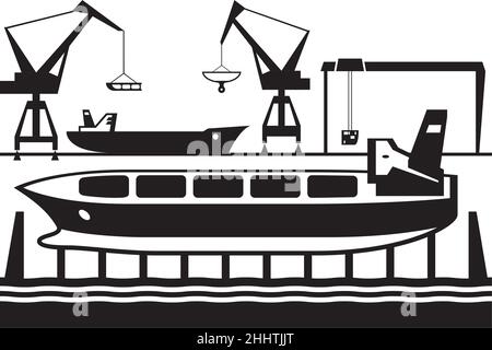 Lancio di una nuova nave industriale in mare – illustrazione vettoriale Illustrazione Vettoriale