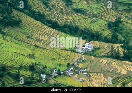 Panoramica di un piccolo villaggio circondato da campi terrazzati, regione Annapurna, Nepal Foto Stock