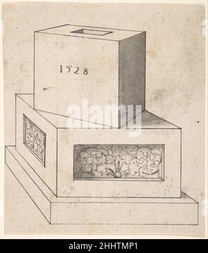 Disegno perspectivale di una base di colonna con Cube 1528 Peter Flötner Tedesco per gli artisti rinascimentali, la rappresentazione della geometria era spesso un mezzo per testare e perfezionare la loro capacità di lavorare in modo convincente in prospettiva. Una truppa comune era quella di ruotare i moduli o impilarli uno contro l'altro o in cima l'uno all'altro come mezzo per visualizzare l'abilità del creatore di visualizzare un oggetto da più angoli all'interno di una singola immagine. Qui, un cuboide rettangolare cavo si bilancia su un plinto ornamentale, presentando la geometria perspectivale come paradigma moderno di bellezza e proporzione. Disegno perspectivale di una colonna Ba Foto Stock