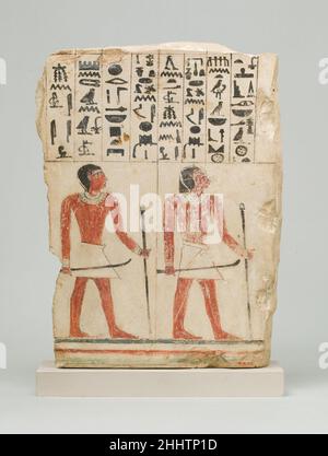 Stela di Intef e Numontu ca. 1961–1917 a.C. Regno di mezzo la metà inferiore della stela raffigura due uomini, tenendo stanghe e aste d'ufficio; la metà superiore è un'iscrizione che consiste di preghiere per offerte di cibo mortuario per entrambi gli uomini e denominando le loro madri come Seni e Yay. Stela di Intef e Numontu. CA. 1961–1917 A.C. Calcare, vernice. Medio Regno. Dall'Egitto, dall'Egitto superiore, da Tebe, da Asasif, da cortile CC 41, Tomba R 6, sepolture B x, scavi MMA, 1915–16. Dynasty 12, presto Foto Stock