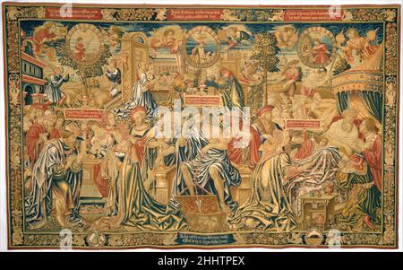Le dodici età di un uomo: Le ultime tre età (54-72), o Inverno ca. 1515 probabilmente dopo un disegno del Workshop di Bernard van Orley Netherlandish questo è il quarto in un insieme di quattro arazzi che illustrano la vita di un uomo diviso in dodici periodi di sei anni. Aeolus, dominatore dei venti, al centro, sta per l'inverno della vita. I simboli e le occupazioni di tre mesi, ottobre, novembre e dicembre, rappresentano gli anni dai 54 ai 72 anni, tradizionalmente identificati come le ultime tre età di un uomo, equiparate alla vecchiaia, all'infermità e alla morte. I due partecipanti di Aeolus potrebbero essergli Foto Stock