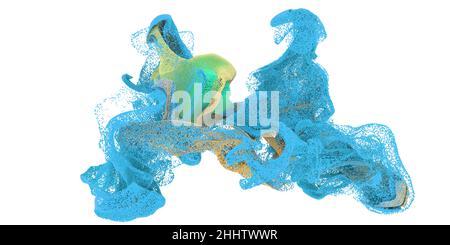 Arte astratta con esplosione crescente surreale ondulato fumo nube spruzzi fluido. Piccole sfere di schiuma colorate bolle particelle in movimento. 3d rendering dell'immagine. Foto Stock