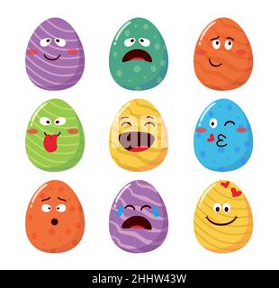 Emoji easter Eggs vettore set design. Emoticon della stagione pasquale in forma ovale motivo colorato con divertente e simpatica espressione facciale per la caccia alle uova. Illustrazione Vettoriale