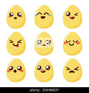 Emojis Egg Vector Set design. Personaggi Kawaii emoji con espressioni facciali allegre, carine e tristi in forma ovale per la stagione di caccia alle uova di pasqua. Illustrazione Vettoriale