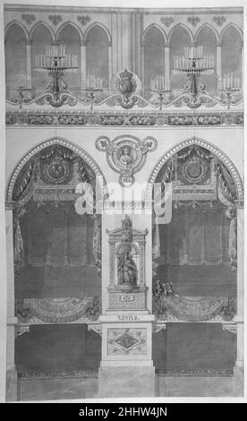 Interno Elevation of Reims Cathedral with a statue of King Louis II 1815 Charles Percier French questo foglio mostra un'elevazione di parte dell'interno della Cattedrale di Reims con una statua di re Luigi II. Questo disegno rappresenta uno dei sei disegni che costituiscono l'unica documentazione dei piani per l'incoronazione di Re Luigi XVIII, che non ha mai avuto luogo. L'evento è stato probabilmente ritardato, e alla fine licenziato a causa dello stato precario della monarchia francese e la salute in declino del re. Inoltre, l'idea di un'incoronazione reale, conferita dalla Chiesa cattolica francese era diventata un poin Foto Stock