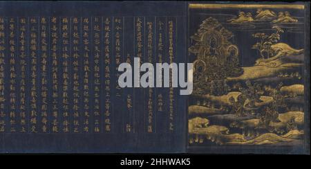 Grande Sapienza Sutra dal CH? Sonji Temple Sutra Collection (CH?sonjiky?) circa 1175 Giappone il frontespizio di questo capitolo sutra mostra una vista drammatica di tre quarti del Buddha seduto con due bodhisattvas. Sette figure pagano l'obbedienza al Buddha, con le sei davanti che alzano offerte di cibo. L'argento usato per articolare le sezioni del terreno, i nastri che pendono dall'albero dietro e l'altare davanti al Buddha, e le coppe di offerta sollevate davanti a lui forniscono un sottile, piacevole contrasto all'oro usato altrove nella composizione. Questo capitolo dal Sutra Grande saggezza (D. Foto Stock