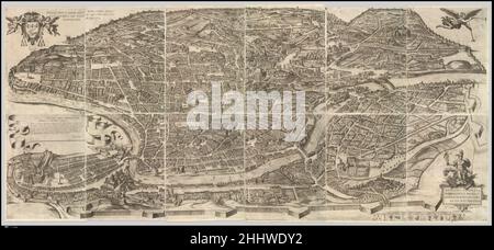 Pianta della Città di Roma 1645 Antonio Tempesta piano Italiano o veduta aerea della città di Roma, presa dal nord-ovest. La mappa mostra Roma nella sua condizione tardo cinquecentesca. La mappa è stata stampata per la prima volta nel 1593. Questa edizione con modifiche risale al 1645.. Piano della Città di Roma 381436 artista: Antonio Tempesta, italiano, Firenze 1555?1630 Roma, Editore: Pubblicato da Giovanni Domenico de Rossi, italiano, 1619?1653, Dedicatee: Dedicato al Cardinale Camillo Pamphili, piano della Città di Roma, 1645, incisione con alcune incisioni, stato non descritto (stampato da 12 lastre), totale: 41 5/16 x Foto Stock