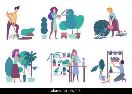 Giardinaggio, vivaio di fiori e hobby fioritura, gente innaffia piante, rifilatura alberi Illustrazione Vettoriale