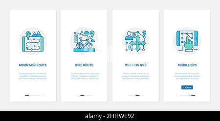 Illustrazione vettoriale della tecnologia del servizio di navigazione GPS. UX, UI onboarding mobile app page set con linea mountain bike percorso, direzione na Illustrazione Vettoriale