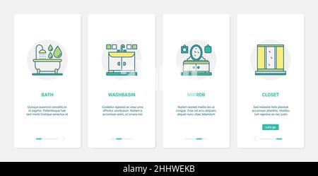 Illustrazione vettoriale degli arredi per la casa della stanza da bagno. UX, UI onboarding mobile app page screen set con linea bagno attrezzature, arredamento decorazione collec Illustrazione Vettoriale