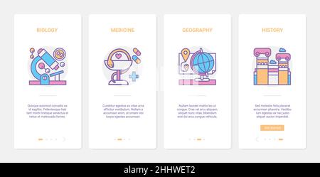 Illustrazione vettoriale della scienza dell'istruzione. UX, UI onboarding mobile app page set con linea biologia medicina geografia storia didattica scientifi Illustrazione Vettoriale