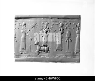 Guarnizione cilindrica con scena cultica fine 9th - 7th secolo a.C. Assiro-Babilonese. Guarnizione del cilindro con scena cultica. Assiro-Babilonese. Fine 9th - 7th secolo a.C. Calcedonia neutro (quarzo). Neo-assiro / Neo-babilonese. Mesopotamia Foto Stock