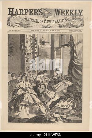 The War – Making Havelocks for the Volunteers (da 'Harper's Weekly', Vol. 5, n. 235, copertina) 29 giugno 1861 dopo Winslow Homer American nel 1857 Winslow Homer iniziò la sua carriera di diciotto anni lavorando come illustratore per Harper’s Weekly, che ha lanciato a New York nello stesso anno. La pubblicazione è stata uno degli esempi più riusciti di un settimanale illustrato, un tipo di rivista dominata da immagini piuttosto che da testo. I settimanali potrebbero essere stampati rapidamente, a buon mercato, ed in grandi quantità grazie ai recenti progressi nella tecnologia dell'incisione del legno, in cui un'immagine è stata tradotta su un blocco di legno e. Foto Stock