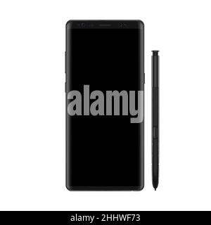 Nuova versione del moderno smartphone vettoriale con schermo nero. Elegante smartphone senza cornice con stilo Illustrazione Vettoriale