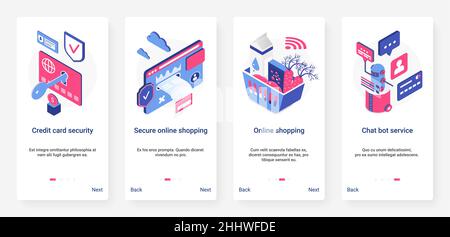 Acquisti online sicuri isometrici, illustrazione vettoriale della tecnologia digitale di sicurezza. UX, interfaccia utente onboarding mobile app page set con cartoon 3d shopping Illustrazione Vettoriale