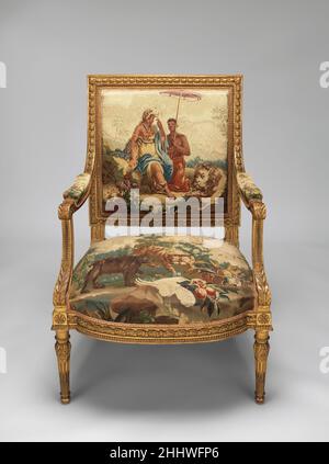 Poltrona progettata ca. 1786, tessuto 1790–91; Telaio della sedia seconda tappezzeria di Beauvais di mezzo 19th secolo tappezzeria di Beauvais tappezzeria intrecciata per due poltrone e dodici poltrone è stata commissionata contemporaneamente agli appendiabiti a muro raffiguranti i quattro continenti (1978.404.1–.4).¹ i quattro continenti erano una delle due suite・ciascuna con quattro tappezzeria a muro e mobili coordinati・che erano Ordinato da Beauvais nel 1786; l'oggetto dell'altra suite era una serie che illustrava le arti, le scienze, l'agricoltura e il commercio. Una suite precedente di rivestimenti di arredamento tappezzeria raffigurante Th Foto Stock