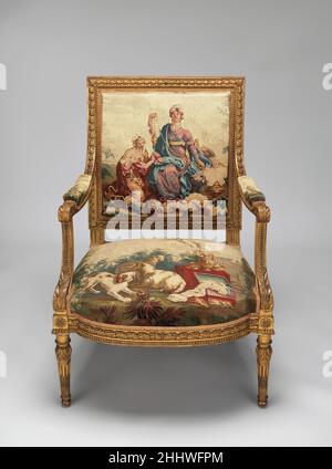 Poltrona progettata ca. 1786, tessuto 1790–91; Telaio della sedia seconda tappezzeria di Beauvais di mezzo 19th secolo tappezzeria di Beauvais tappezzeria intrecciata per due poltrone e dodici poltrone è stata commissionata contemporaneamente agli appendiabiti a muro raffiguranti i quattro continenti (1978.404.1–.4).¹ i quattro continenti erano una delle due suite・ciascuna con quattro tappezzeria a muro e mobili coordinati・che erano Ordinato da Beauvais nel 1786; l'oggetto dell'altra suite era una serie che illustrava le arti, le scienze, l'agricoltura e il commercio. Una suite precedente di rivestimenti di arredamento tappezzeria raffigurante Th Foto Stock