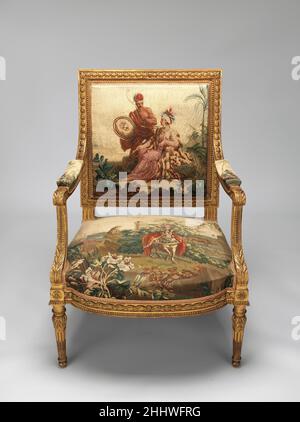 Poltrona progettata ca. 1786, tessuto 1790–91; Telaio della sedia seconda tappezzeria di Beauvais di mezzo 19th secolo tappezzeria di Beauvais tappezzeria intrecciata per due poltrone e dodici poltrone è stata commissionata contemporaneamente agli appendiabiti a muro raffiguranti i quattro continenti (1978.404.1–.4).¹ i quattro continenti erano una delle due suite・ciascuna con quattro tappezzeria a muro e mobili coordinati・che erano Ordinato da Beauvais nel 1786; l'oggetto dell'altra suite era una serie che illustrava le arti, le scienze, l'agricoltura e il commercio. Una suite precedente di rivestimenti di arredamento tappezzeria raffigurante Th Foto Stock