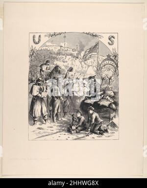 Babbo Natale in Camp (pubblicato in 'Harper's Weekly', 3 gennaio 1863) pubblicato in origine 1863 Thomas Nast American, nata Germania l'immagine di Nast è stata pubblicata nel numero di Natale 1862 di Harper's Weekly, durante giorni pieni di prove per l'Unione e di speranza crescente. Babbo Natale è arrivato in slitta in un campo dell'esercito dell'Unione per distribuire regali. Questo era il momento in cui Nast concepì e introdusse la nostra immagine moderna di Babbo Natale. Combinando le tradizioni europee di San Nicola con le immagini folk di elfi dalla sua Germania natale, ha creato il gift-giver jolly ora associato con Natale che Foto Stock